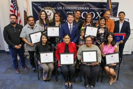 Rep. TJ Cox is surrounded by the first-ever Latino Inspire Award recipients Saturday, Oct. 19, at Selma City Hall.